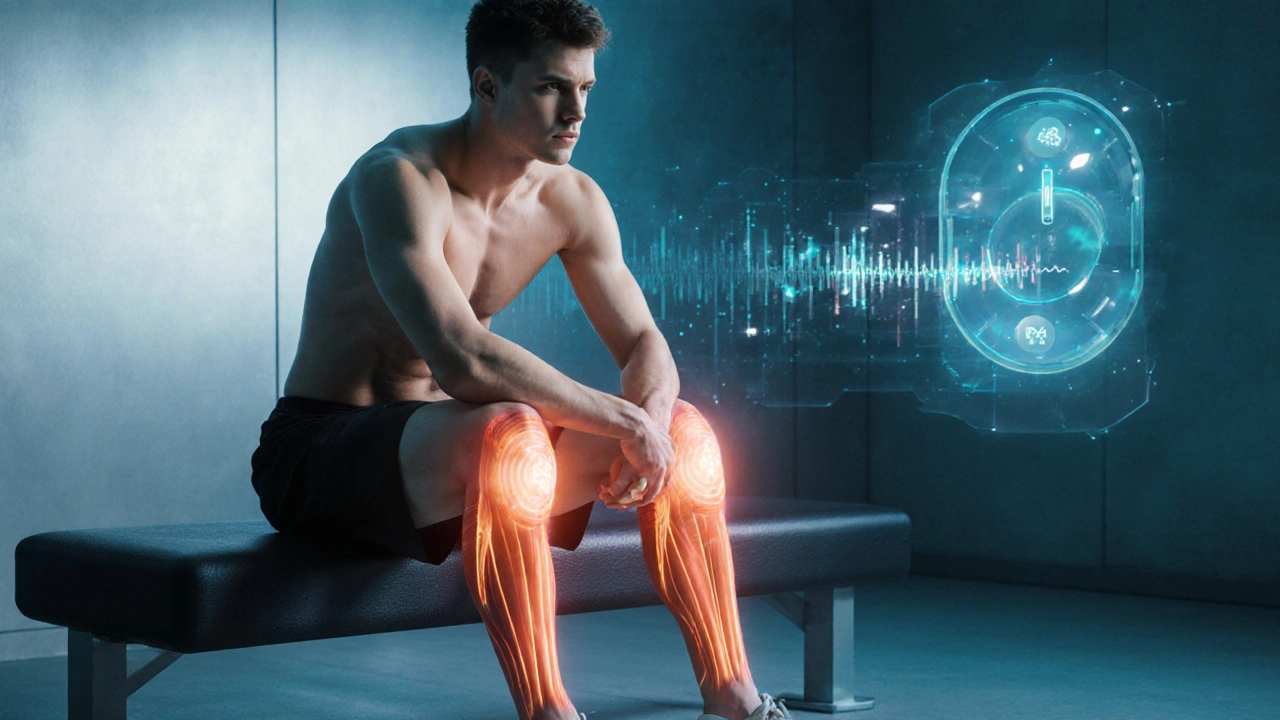 Sportovec používá biomagnet na stehnech, zobrazení pulsujících Bluetooth signálů.