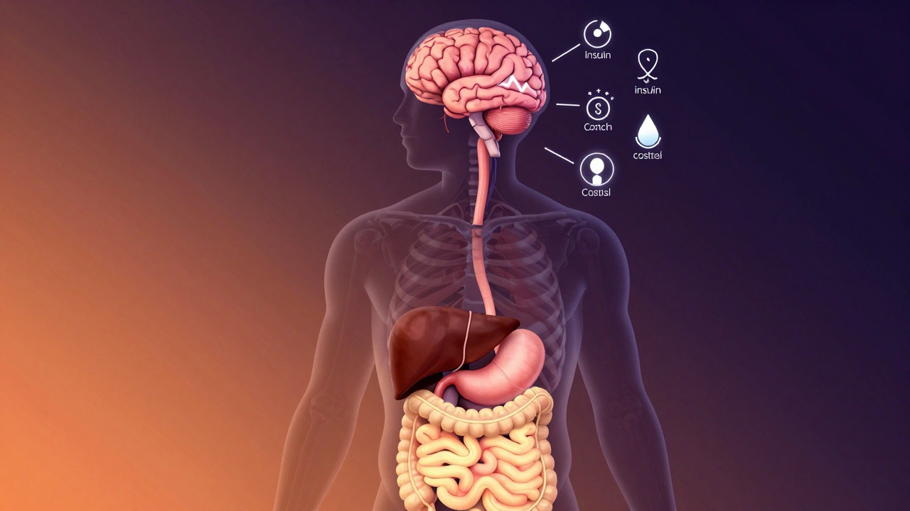 Anatomický náčrt těla s narušeným trávením a nesrovnalostmi hormonů v nočním režimu.