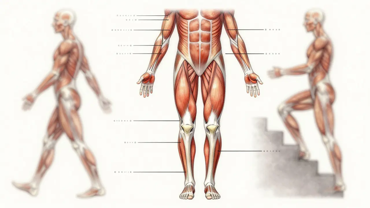Diagram těla s aktivací svalů při funkčním pohybu po operaci kolena.
