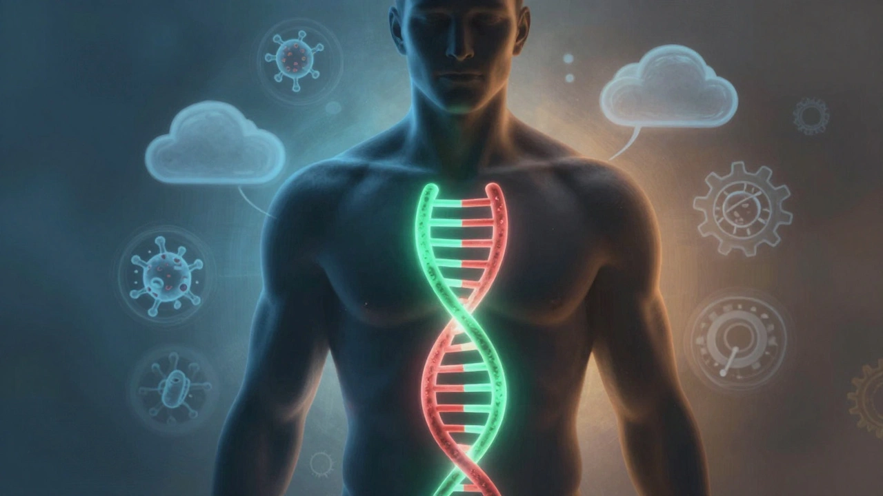 Lidský silueta s DNA spirálou, která znázorňuje genetické riziko a tělesné procesy.