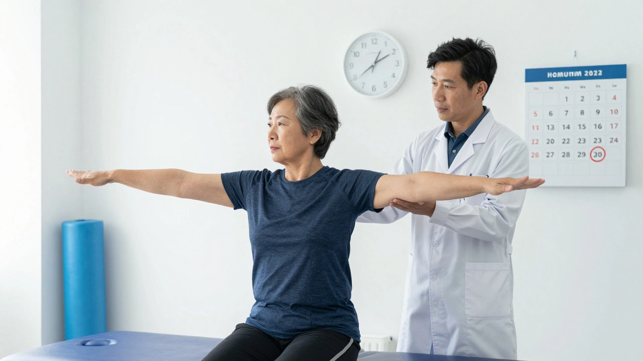 Pacient provádí fyzioterapii pod dohledem terapeuty v rehabilačním centru.