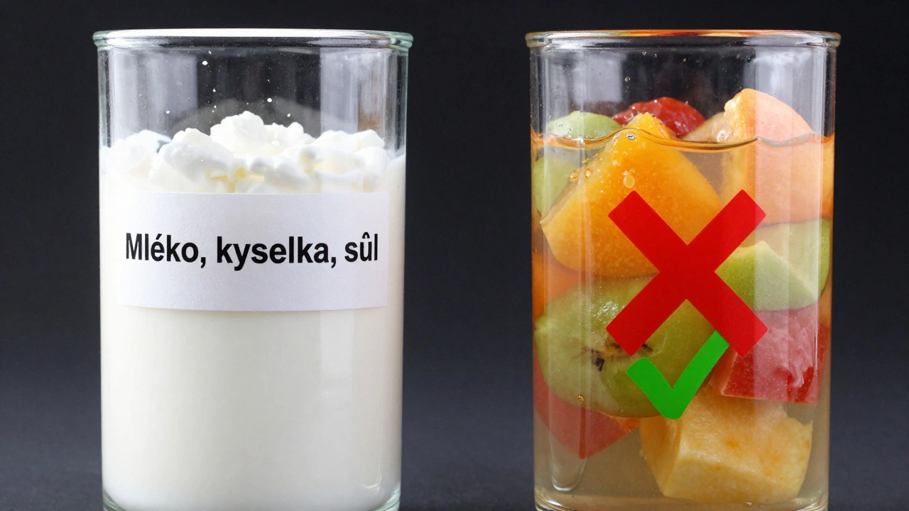 Porovnání čistého tvarohu a sladkého zpracovaného produktu v průhledných vážkách.