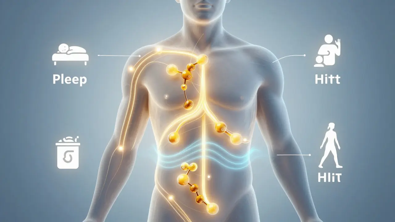 Abstraktní znázornění spalování tuků v těle s důrazem na spánek, protein a intenzivní cvičení.