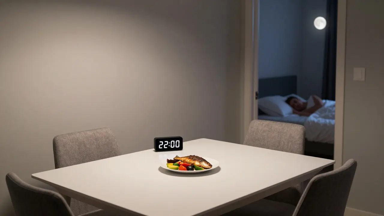 Prázdná jídelní místnost s večeří a hodinami ukazujícími 22:00.