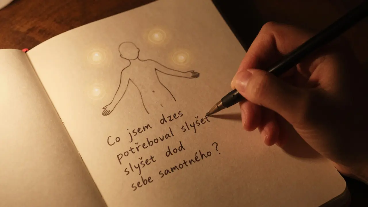 Ruka píše do sešitu v teplém světle svíčky, symboly klidu a sebe-lásky.