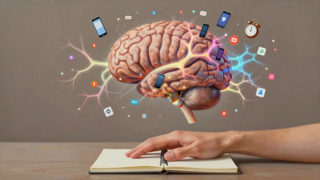 Mozek pod útokem notifikací, zatímco klidná ruka drží sešit — symbol klidu a odpočinku v digitálním chaosu.