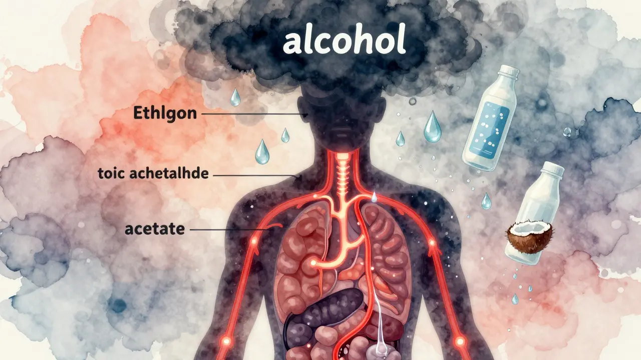 Schematic illustration of body processing alcohol into toxins while losing water and electrolytes, with healing elements floating above.
