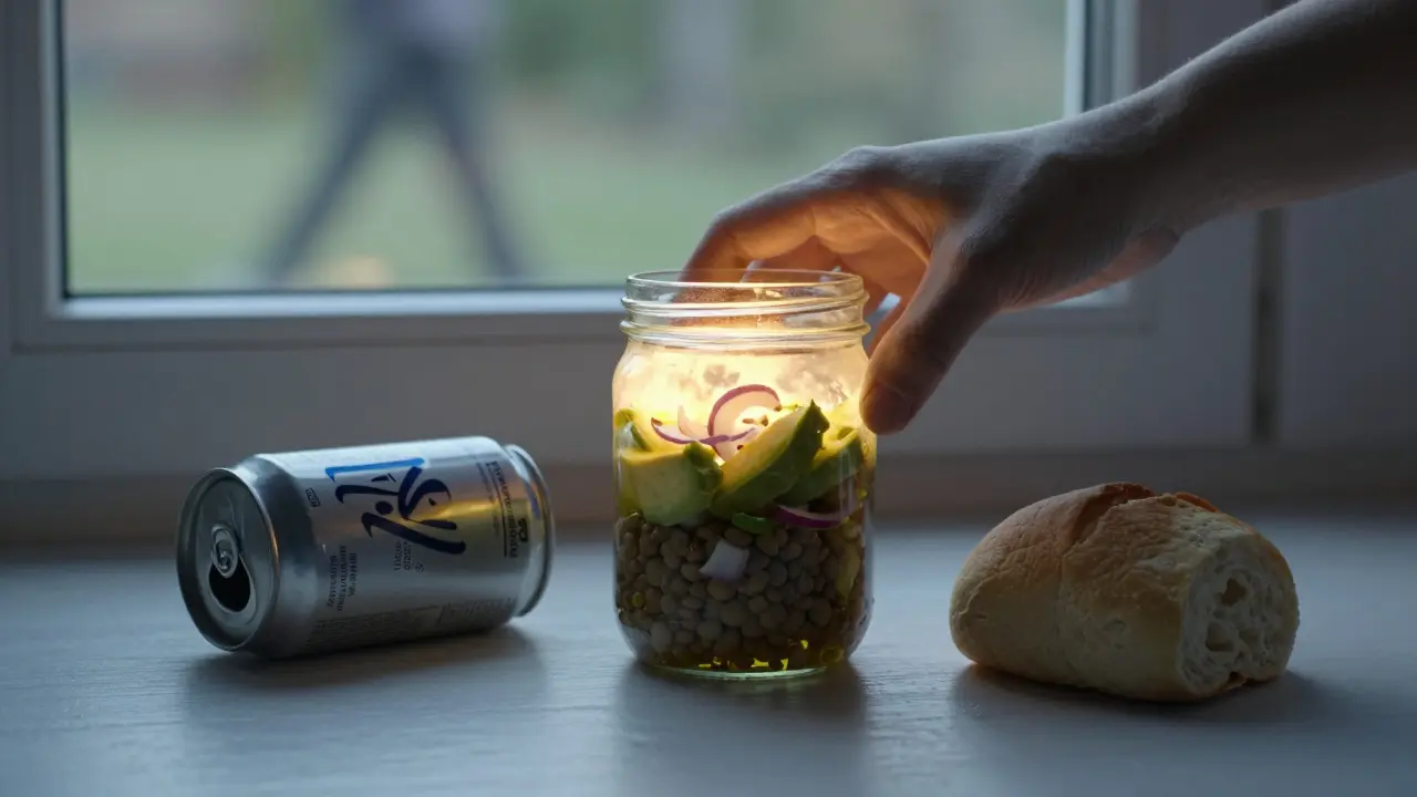Sklenička s čočkovým salátem vedle vyhozeného energy drinku a bílého chleba.