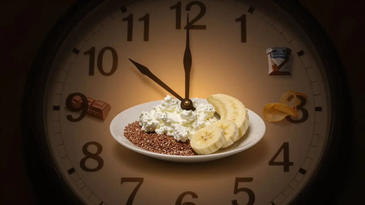 Hodiny ukazují 15:00, kde hodinová ručička je svačinou s tvarohem a banánem, zatímco nezdravé svačiny mizí ve stínu.
