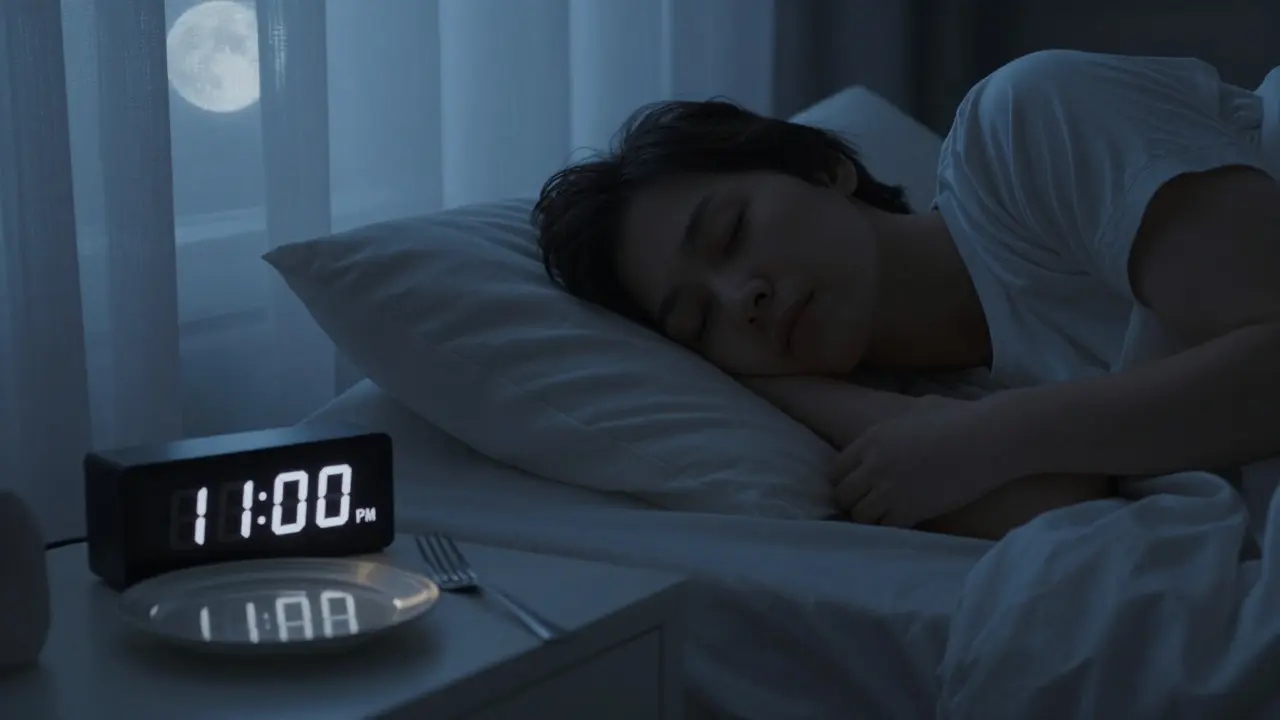 Osoba spící v posteli s hodinkami ukazujícími 23:00, mírné měsíční světlo.