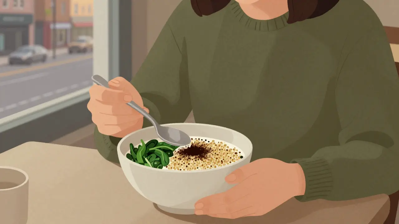 Quinoa se špenátem a černým kávovým práškem na ranní snídani