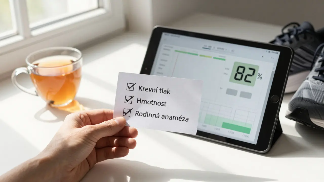 Ruka drží papír s třemi rizikovými faktory, vedle něj tablet zobrazuje výrazné zlepšení hladiny cukru.