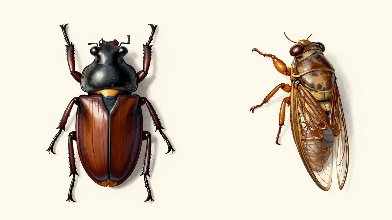 Ilustrace exoskeletu brouka a procesu svlékání cykady.