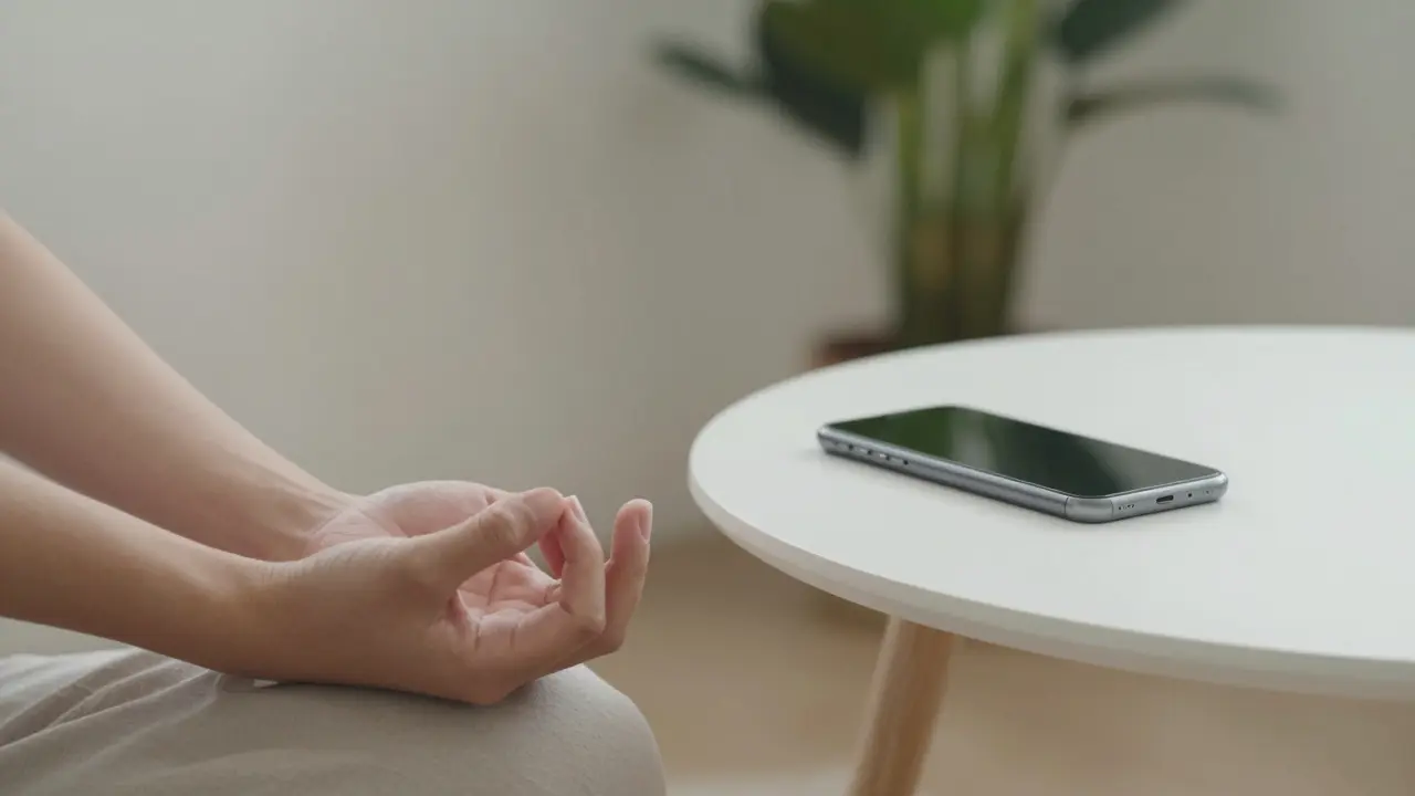 Meditující osoba s odloženým telefonem pro digitální detox