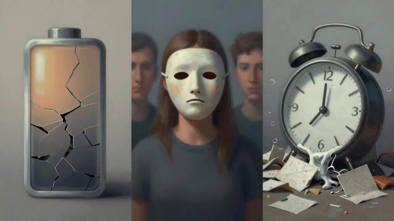 Abstraktní ilustrace tří fází vyhoření: vyčerpání, cynismus a pokles výkonu