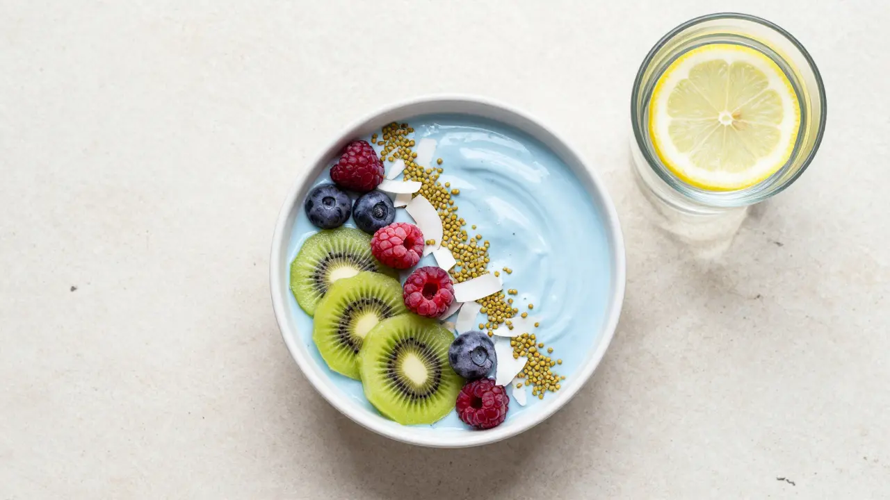 Barevná smoothie miska s jogurtem, ovocem a semínky z ptačí perspektivy