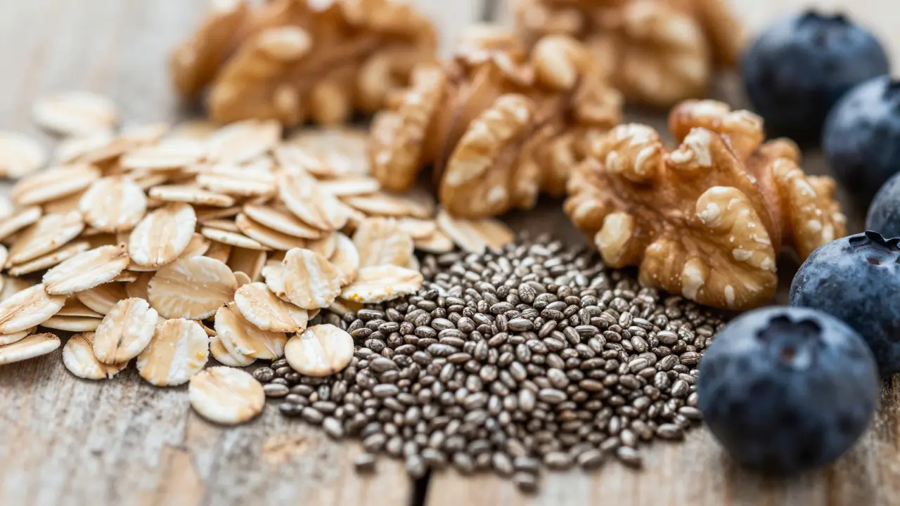 Detailní záběr zdravých ingrediencí: ovesné vločky, semínka a ořechy