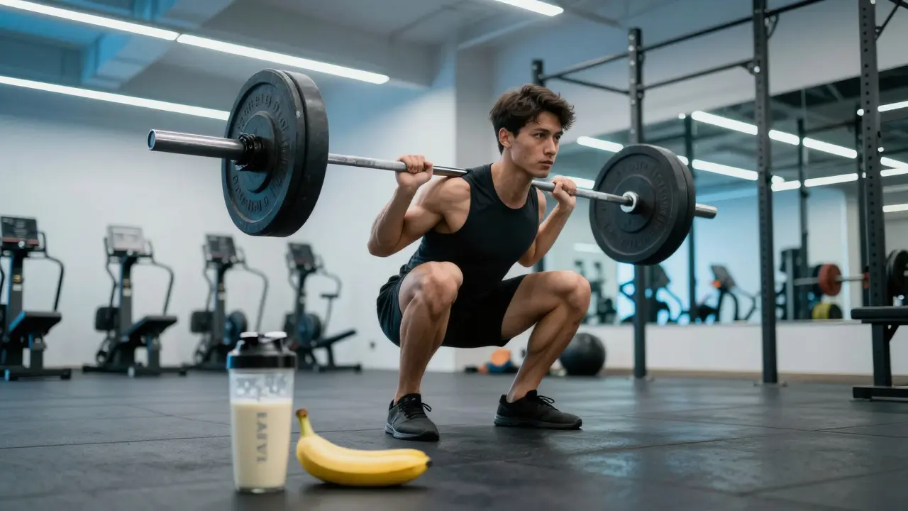 Hubený muž zvedá těžkou činku v posilovně, vedle něj je proteinový shake