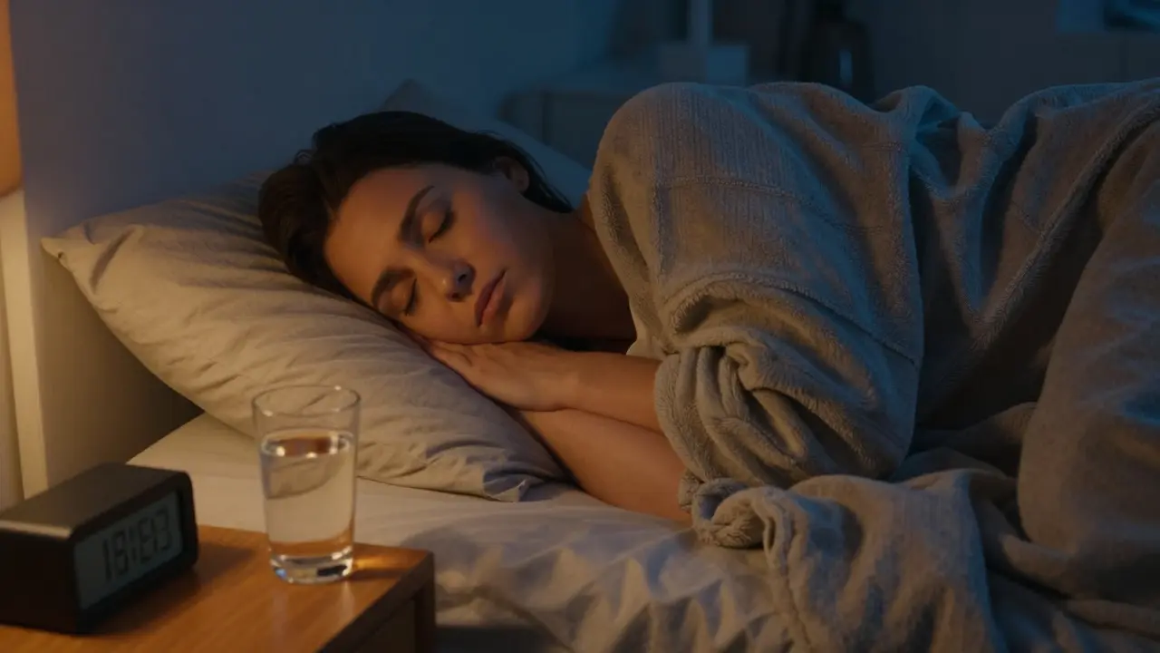 Žena spící klidně v tmavé ložnici pro podporu metabolismu