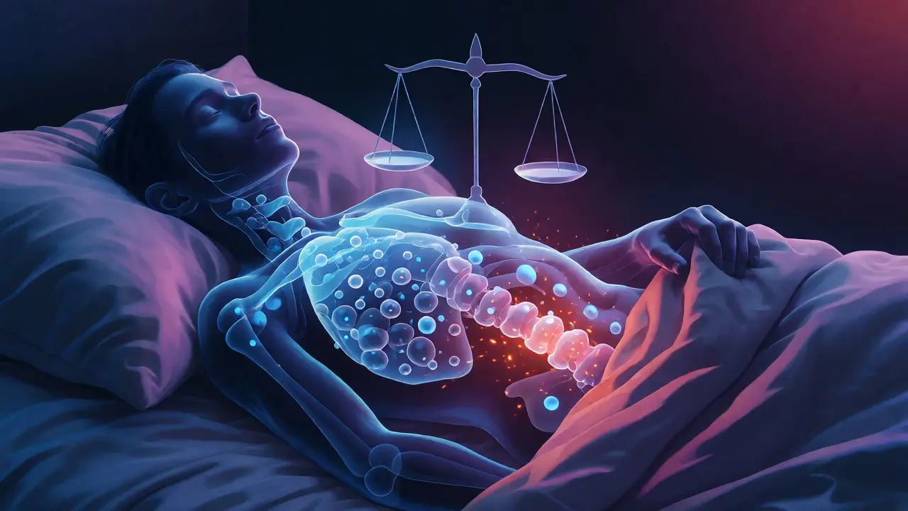 Konceptuální ilustrace hydratace a metabolismu během spánku