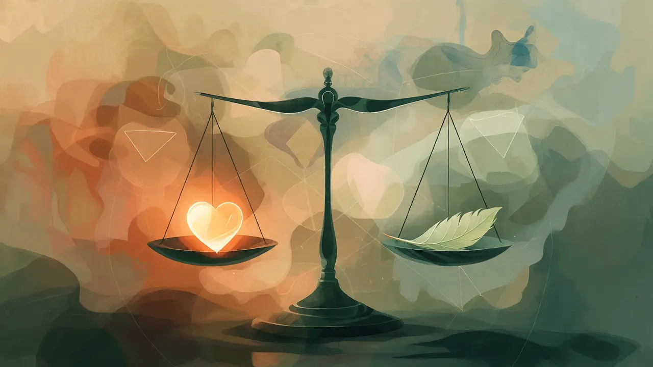 Konceptuální ilustrace rovnováhy mezi srdcem a pérem, představující duševní klid.