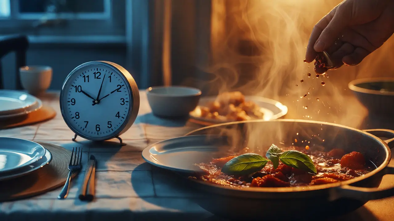 Konceptuální obraz spojující časovač jídla a vonné ingredience pro návrat chuti k jídlu.