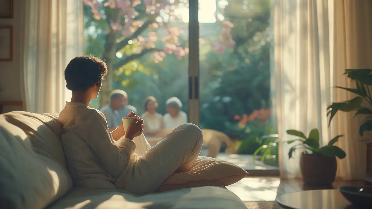 Osoba relaxující u okna s výhledem do zahrady v klidné atmosféře