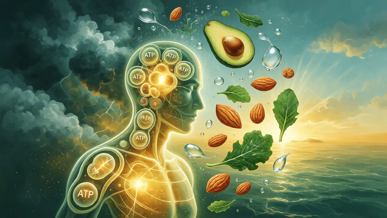 Konceptuální ilustrace propojující potraviny a buněčnou energii pro vitalitu.